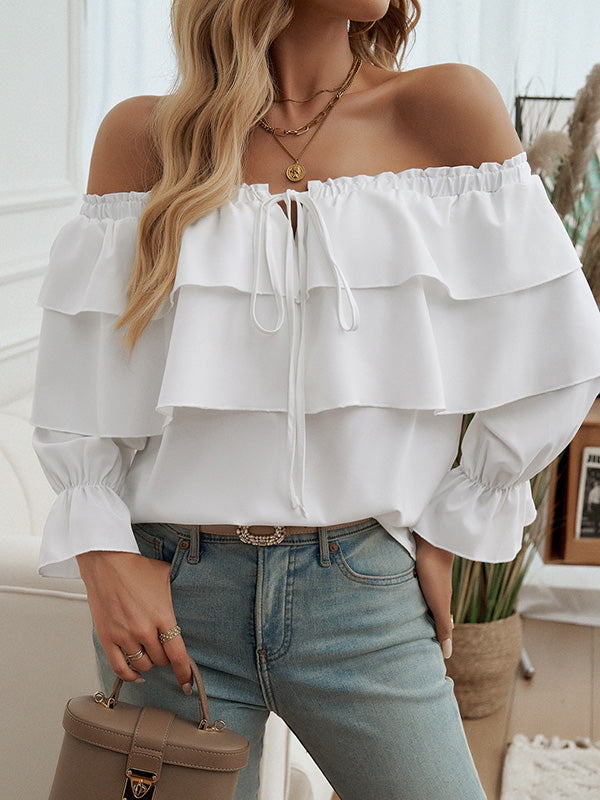 Layered Pleated Solid Color Split-Joint Tied Long Sleeves Loose Off-The-Shoulder Blouses&Shirts Tops