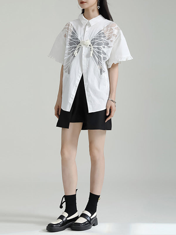Buttoned Mesh Reversible See-Through Split-back Split-Joint Half Sleeves Loose Lapel Blouses&shirts Tops