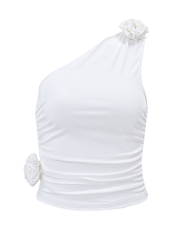Asymmetric Pleated Solid Color Three-Dimensional Flower Skinny Sleeveless One-Shoulder Vest Top