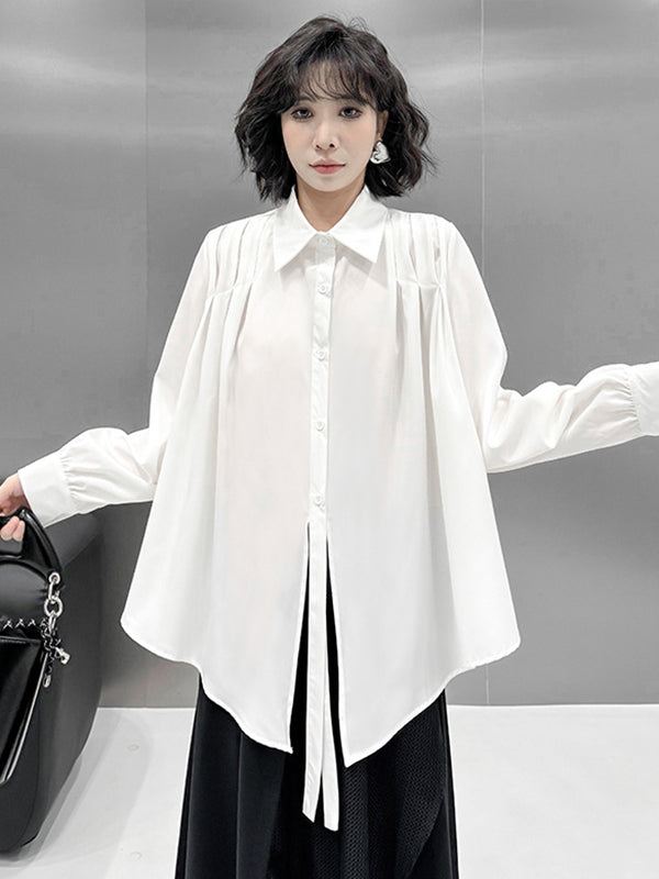 Buttoned Solid Color Split-Joint Streamer Irregularity Long Sleeves Lapel Collar Blouses&Shirts Tops