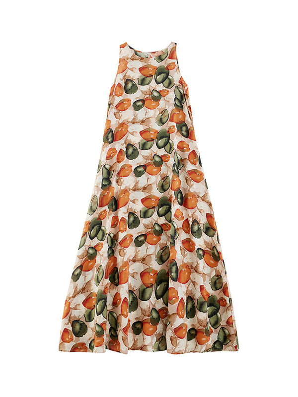 Printed Loose Sleeveless Round-Neck Midi Dresses