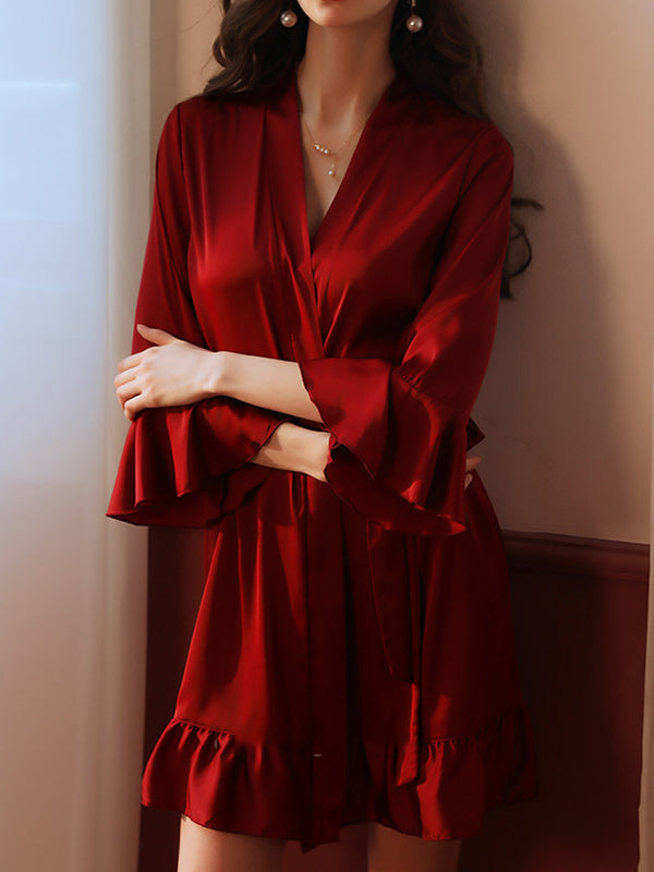 Falbala Ribbed Solid Color Loose V-neck Robes Intimates&Pajamas
