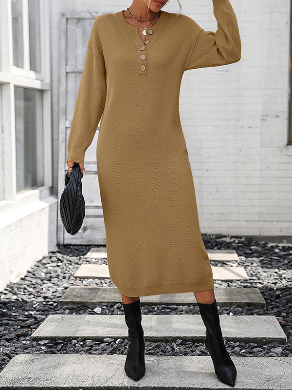 Buttoned Split-Joint Long Sleeves Loose Round-Neck Sweater Dresses Midi Dresses