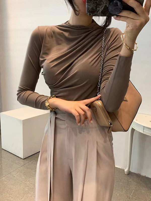 Pleated Solid Color Long Sleeves Skinny Mock Neck T-Shirts Tops