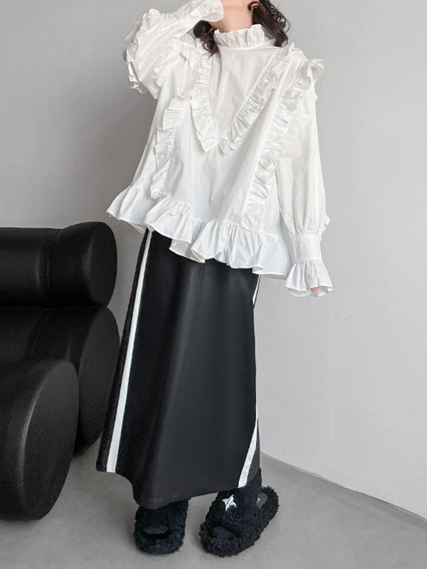 Buttoned Ruffled Solid Color Long Sleeves Loose Stand Collar Blouses&Shirts Tops