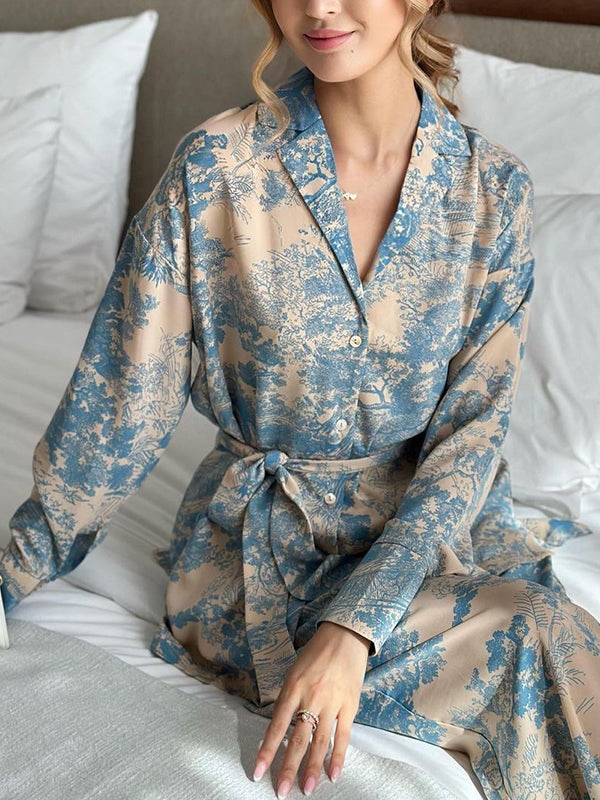 Printed Long Sleeves Buttoned Tied Waist Notched Collar Shirts Top + High Waisted Pants Bottom Two Pieces Set