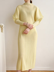 Original Creation Loose Long Sleeves Pleated Solid Color High-Neck Midi Dresses