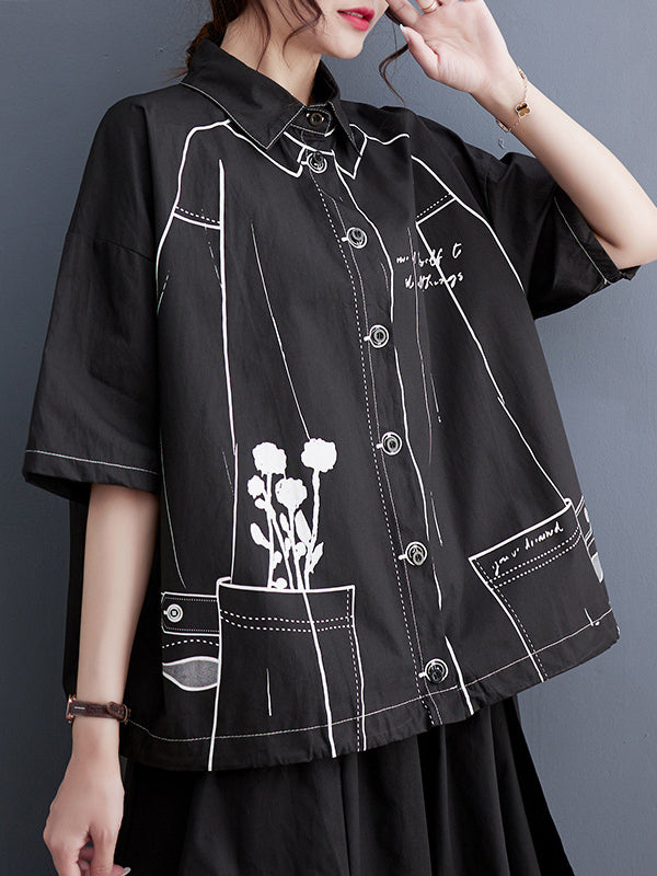 Contrast Color Printed Split-Joint Loose Short Sleeves Lapel Blouses
