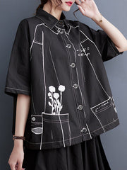 Contrast Color Printed Split-Joint Loose Short Sleeves Lapel Blouses
