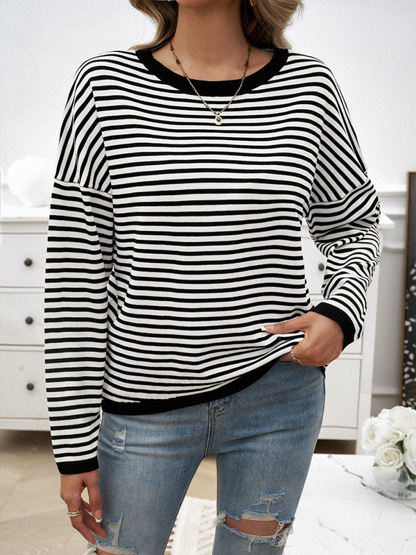 Split-Joint Striped Long Sleeves Loose Round-Neck Sweater Tops Pullovers