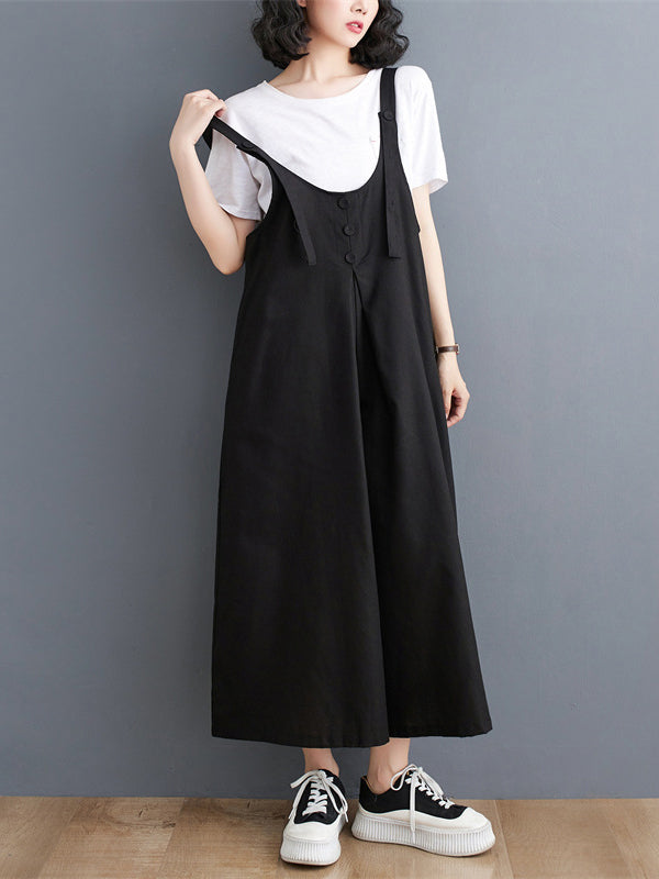 Buttoned Solid Color Ninth Pants Wide Leg Spaghetti-Neck Overalls