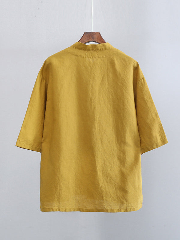 Artistic Retro Loose Half Sleeves Buttoned Contrast Color Stand Collar Blouses&Shirts Tops