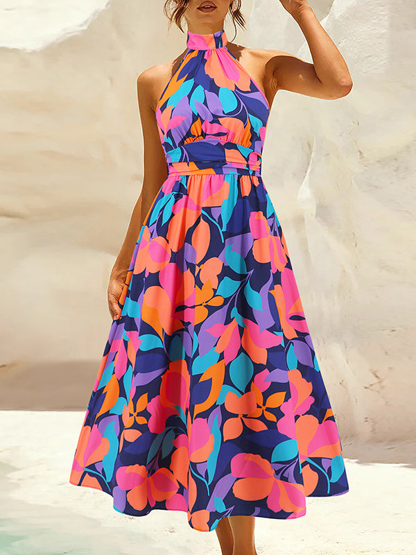 Pleated Printed Split-Joint A-Line Loose Halter-Neck Midi Dresses