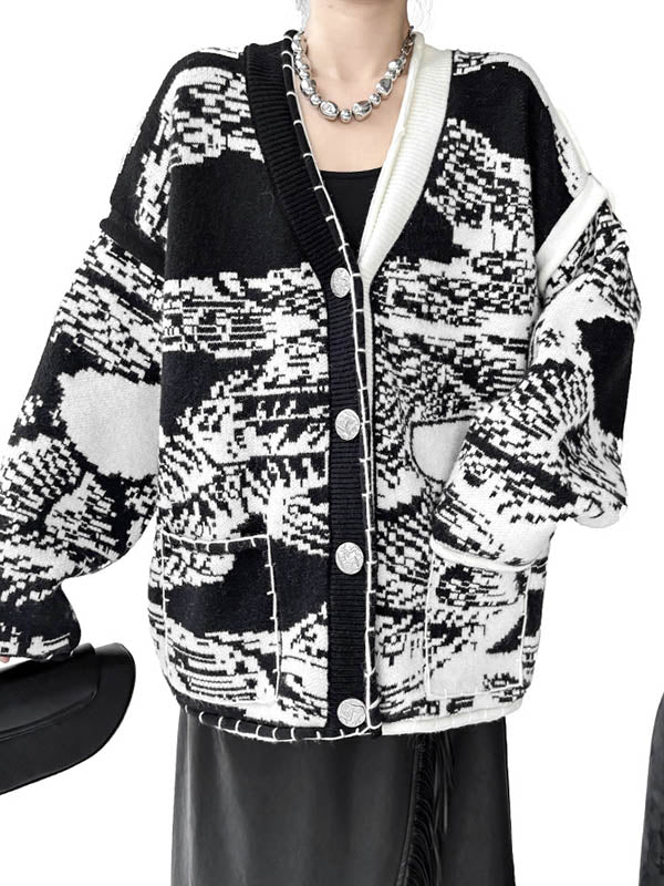 Abstract Printed Buttoned Contrast Color Pockets Split-Joint Long Sleeves Loose Collarless Outerwear Cardigan Tops