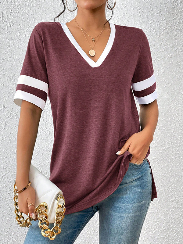 Split-Joint Split-Side Striped Loose Short Sleeves V-Neck T-Shirts Tops