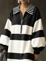 Contrast Color Striped Zipper Long Sleeves Puff Sleeves Lapel Mini Dresses