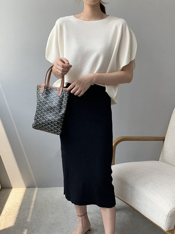 Solid Color Half Sleeves Loose Off-The-Shoulder Sweater Tops Pullovers Knitwear