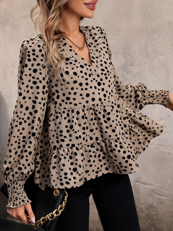 Elasticity Polka-Dot Split-Joint Long Sleeves Loose V-Neck Blouses&Shirts Tops