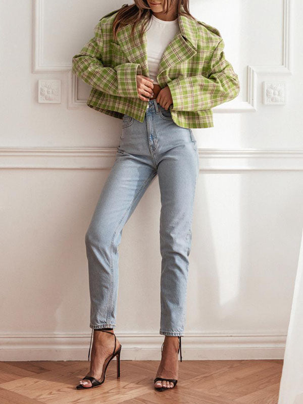 Plaid Split-Joint Long Sleeves Loose Peter Pan Collar Jackets&Coats