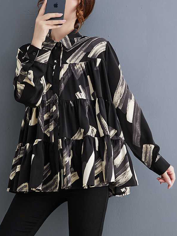 Pleated Printed Split-Joint Long Sleeves Loose Lapel Blouses