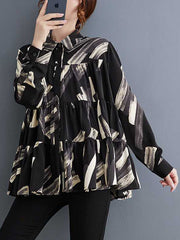 Pleated Printed Split-Joint Long Sleeves Loose Lapel Blouses
