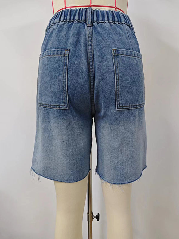 Buttoned Elasticity Fringed Pockets Split-Joint Loose Denim Shorts
