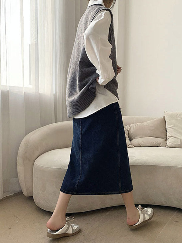 Solid Color Split-Joint Split-side High-low Loose Round-neck Vest Top Knitwear