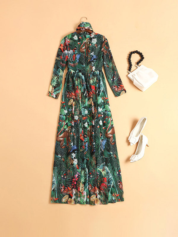 Bowknot Elasticity Flower Print Zipper High Waisted Long Sleeves Round-neck Maxi Dresses