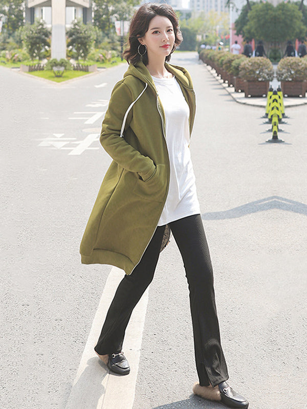 4Colors Drawstring Hooded Split-Joint Pocket Solid Color Zipper Outerwear