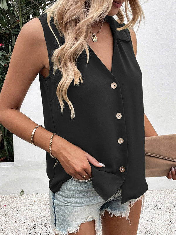 Buttoned Solid Color Split-Joint Loose Sleeveless V-neck Vest Top