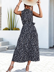 Casual Loose Sleeveless Tied Contrast Color Polka-Dot Stand Collar Maxi Dresses