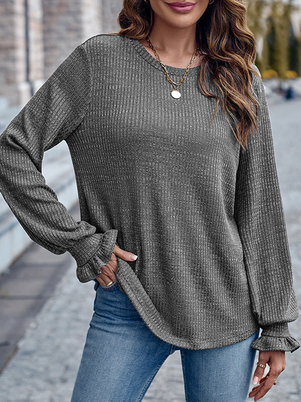 Elasticity Ruffled Solid Color Long Sleeves Loose Round-Neck T-Shirts Tops