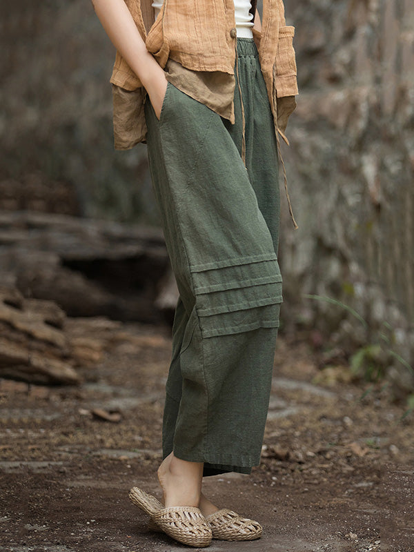 Pleated Solid Color Split-Joint High Waisted Loose Trousers Ninth Pants