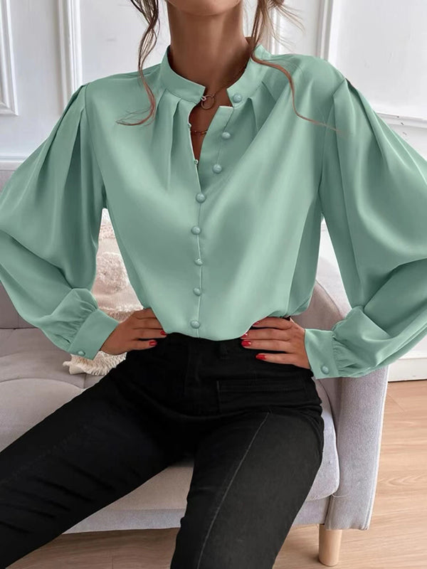 Pleated Solid Color Split-Joint Loose Puff Sleeves Stand Collar Blouses