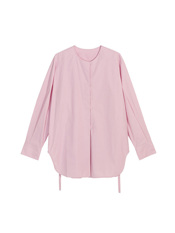Buttoned Solid Color Tied Long Sleeves Loose Round-Neck Blouses&Shirts Tops
