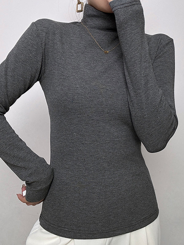Solid Color Long Sleeves Skinny High Neck T-Shirts Tops