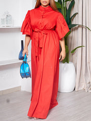 Pleated Solid Color Split-Joint Tied Waist Flared Sleeves Loose Stand Collar Shirt Dress Maxi Dresses