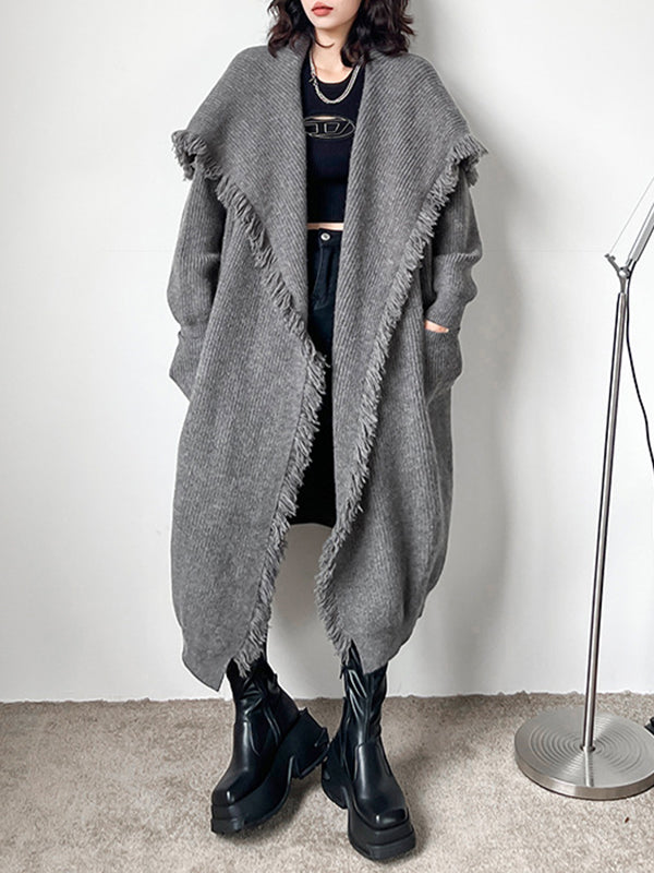 Fringed Pockets Solid Color Long Sleeves Loose V-Neck Cardigan Coats