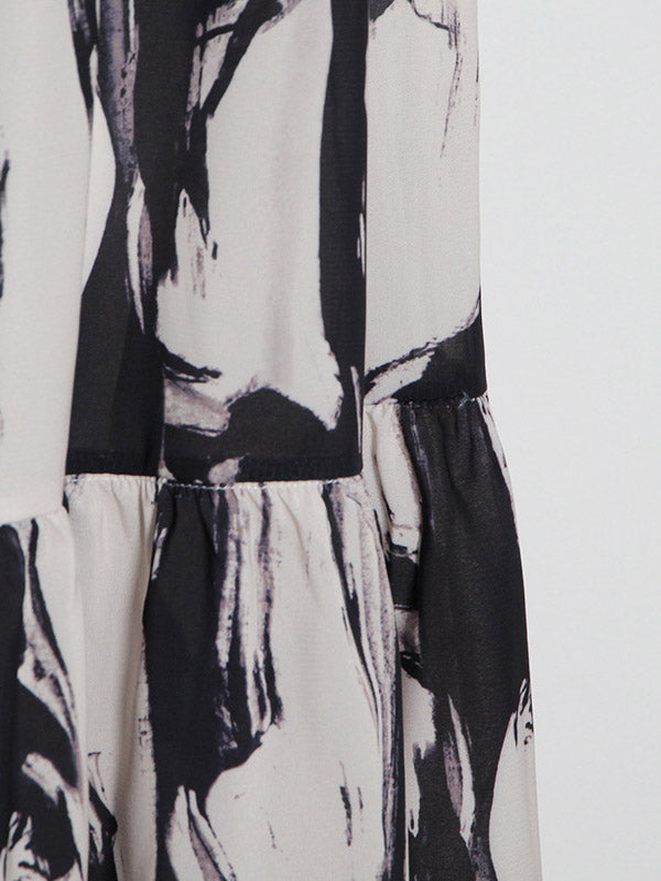 Elasticity Hollow Printed Split-Joint Tied Long Sleeves Loose Mock Neck Midi Dresses