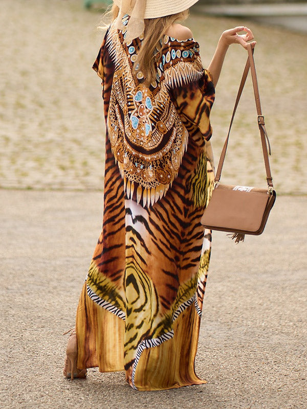 Printed Split-side Tiger Skin Pattern Batwing Sleeves Loose V-neck Maxi Dresses Beach Cover-Up