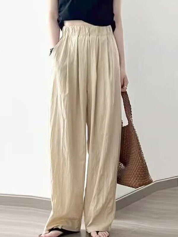 Elasticity Pleated Pockets Solid Color High Waisted Loose Trousers Pants