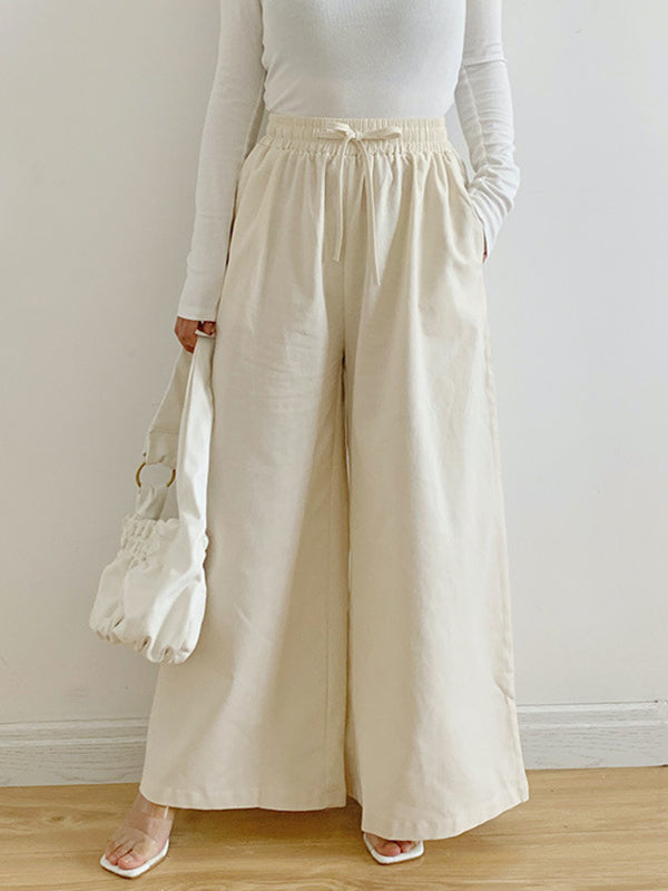 Drawstring Elasticity Pockets Solid Color High Waisted Loose Trousers Pants