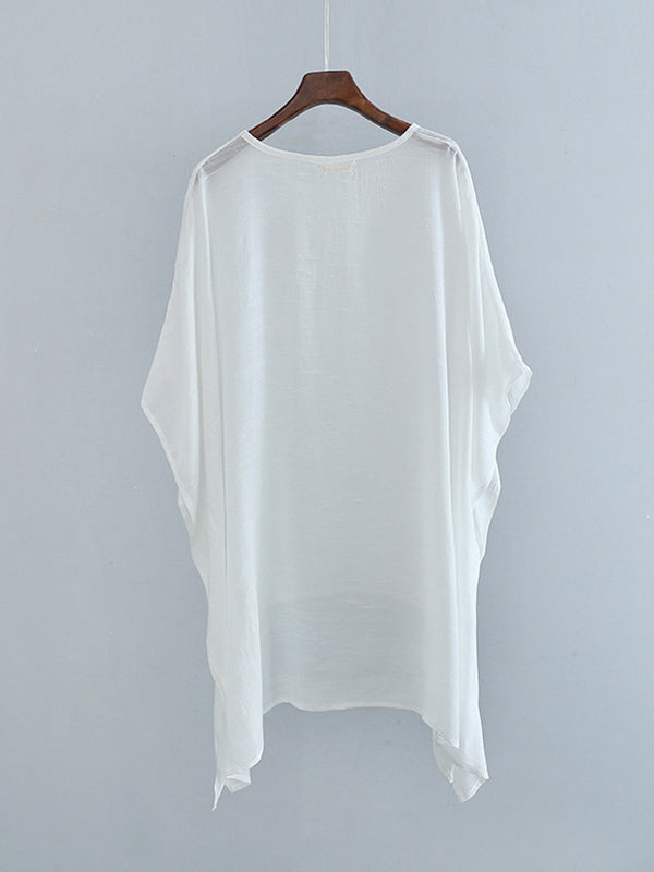 See-Through Solid Color Half Sleeves High-Low Round-Neck Blouses