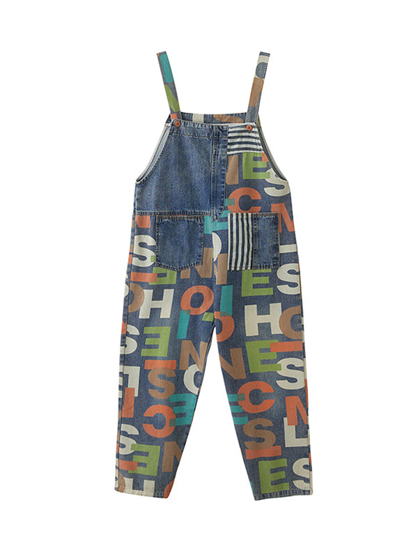 Asymmetric Buttoned Letter Print Pockets Split-Joint Striped High Waisted Loose Overalls