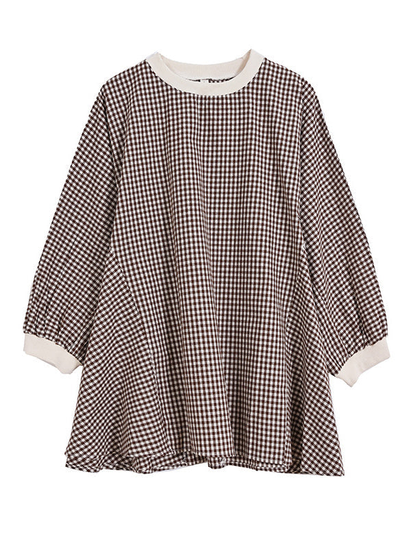 Puff Sleeves Irregularity Plaid Split-Joint Round-Neck T-Shirts Tops