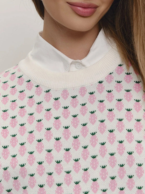 Pleated Split-Joint Long Sleeves Loose Round-Neck Sweater Tops