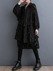 Buttoned Flower Print Solid Color Split-Joint Split-side Tasseled A-line High-low Lapel Midi Dresses