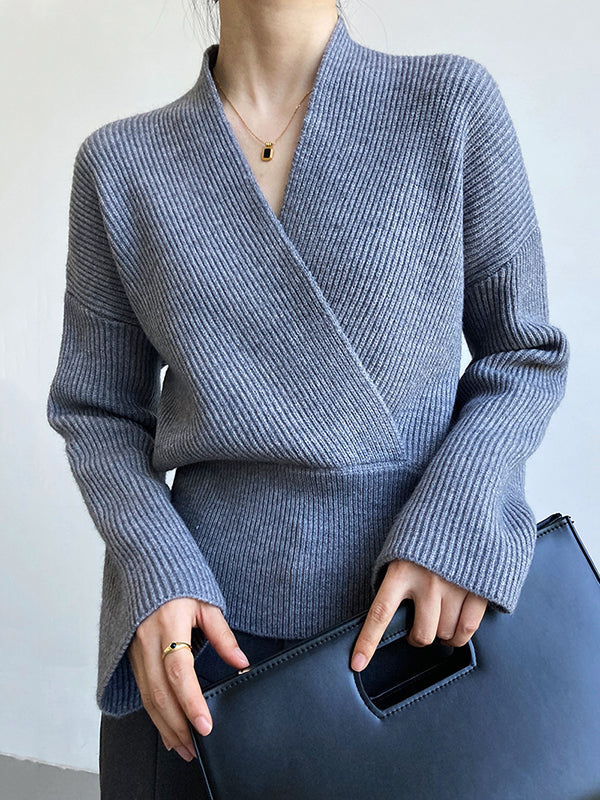 Casual Long Sleeves Loose Solid Color Cross V-Neck Sweater Tops
