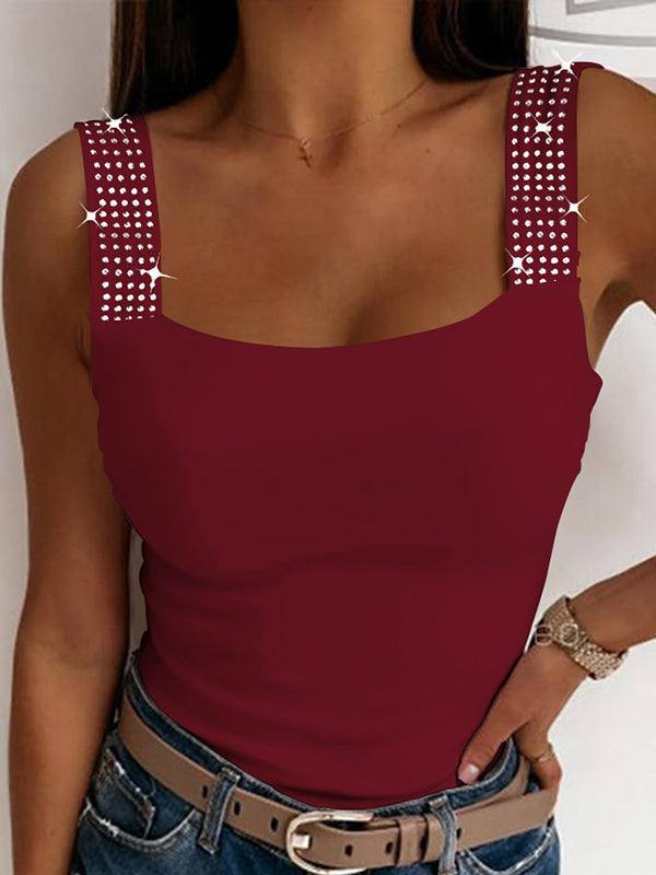 Elasticity Rhinestone Split-Joint Skinny Sleeveless Spaghetti-Neck Vest Top