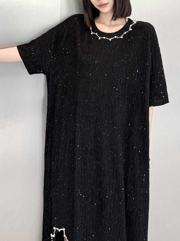 Asymmetric Beaded Shiny Split-Joint Loose Short Sleeves Round-neck Midi Dresses